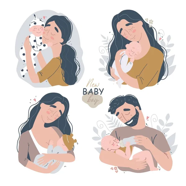 Young happy parents hug their newborn baby. Family clipart — Vettoriale Stock