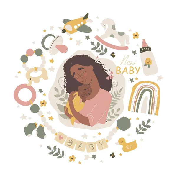 Feliz madre afroamericana negra sosteniendo a su bebé. Accesorios y artículos para el cuidado del bebé. Bebé boho recién nacido. — Vector de stock