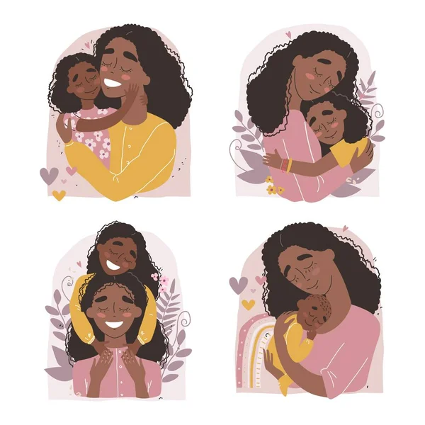 Black african american mother hugs baby. Mother and daughter vector illustration. — Stock Vector