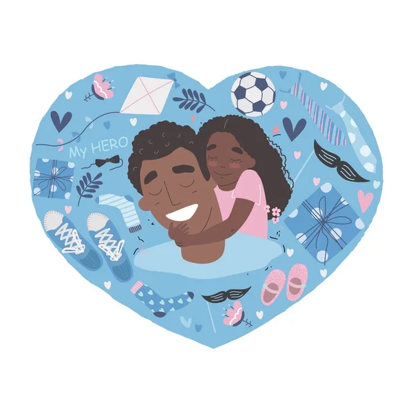 Padre e figlia insieme. La figlia afroamericana nera abbraccia papà e sorride. Padri giorno illustrazione vettoriale impostato in stile moderno. Biglietto di auguri per il Giorno dei Padri — Vettoriale Stock