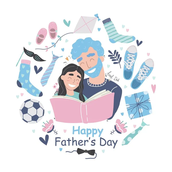 Happy Fathers Day greeting card. Father reading a book to his daughter. Father and daughter together. Fathers day vector illustration set in modern style — Stock Vector