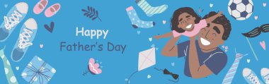 Fathers Day poster or banner template with necktie and gift box on blue background. Black african american daughter and dad. Vector promotional template.