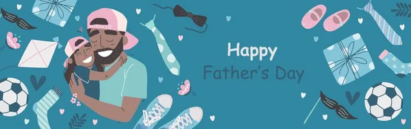 Fathers Day poster or banner template with necktie and gift box on blue background. Black african american daughter and dad. Vector promotional template. — Stock Vector