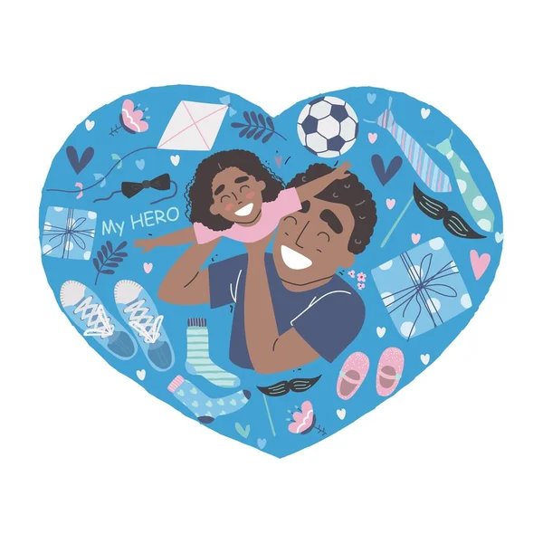 Padre e hija juntos. La hija afroamericana negra abraza a papá y sonríe. Padres ilustración vectorial día establecido en el estilo moderno. Tarjeta de felicitación Feliz Día de los Padres — Vector de stock