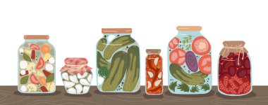 Masadaki ev yapımı konserve kavanozlarının düz çizimi. Yaz hasadı ve çiftlik evi mutfak konsepti.