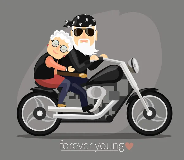 Nonna e nonno in sella ad una moto — Vettoriale Stock