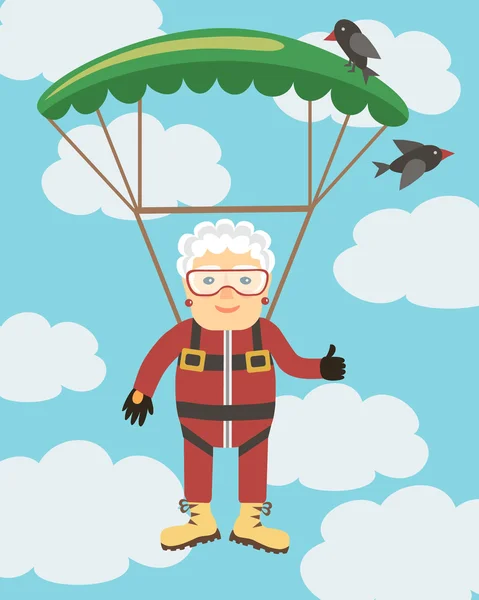 Grandma jumping with a parachute — Stock Vector