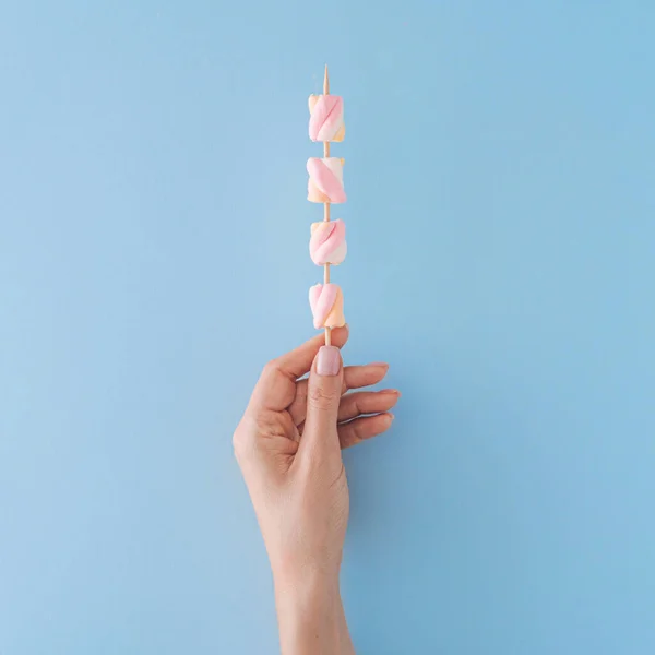 Tangan Memegang Tongkat Kayu Dengan Permen Pastel Pada Latar Belakang — Stok Foto