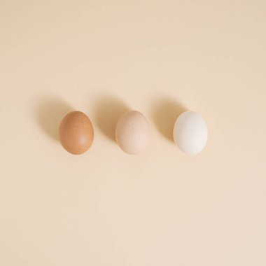 Pastel bej arka planda farklı renkte yumurtalar. Asgari gıda konsepti, yaratıcı model.