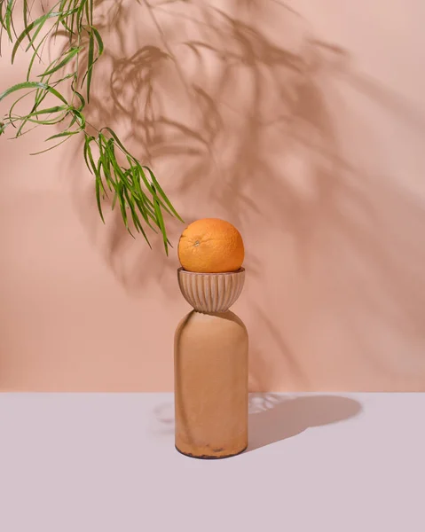 Vas Retro Oranye Yang Indah Dengan Daun Tanaman Hijau Pada — Stok Foto