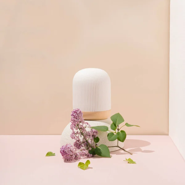 Lampu Batu Putih Yang Indah Dan Bunga Lilac Dengan Daun — Stok Foto