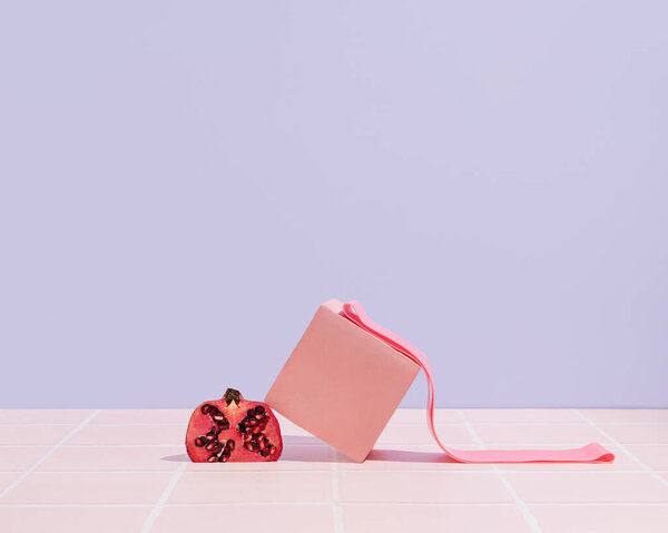 Pink Cube Pomegranate Fitness Elastic Band Pastel Purple Background Home Royalty Free Stock Images
