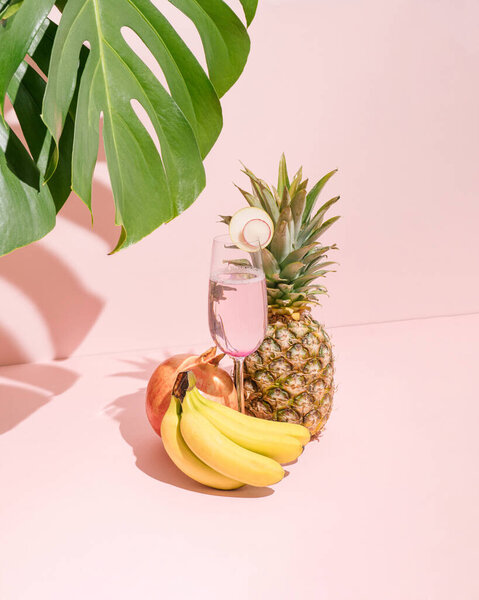 Fresh Bananas Pineapple Pomegranate Refreshment Juice Glass Pastel Pink Background Stock Photo