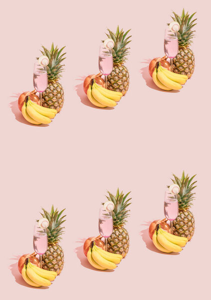 Creative Pattern Made Fresh Bananas Pineapple Pomegranate Refreshment Juice Glass Stock Photo