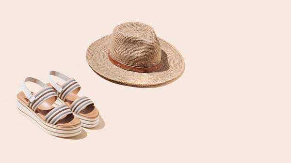 Summer Hat Female Sandals Pastel Beige Background Minimal Tropical Summer Royalty Free Stock Images