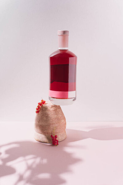 Bottle Alcoholic Drink Antique Rustic Vase Red Fruits Pastel Background Royalty Free Stock Images