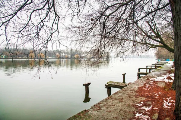 A day after the snow the greatest day to visit Herastrau park. Beautiful landscape with reflections.Moody sky cold day