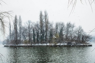 Bükreş 'teki Herastrau parkında kar yağışlı kış manzarası. Kar yağıyor, soğuk bir gün. Güzel gün