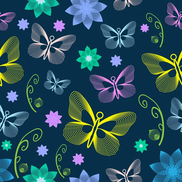 Floral seamless pattern with flowers and butterflies. - Illustra — Stock Vector