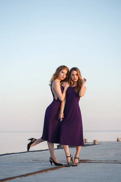 Dos Hermosas Chicas Vestidos Idénticos Pleno Crecimiento Orilla Del Mar — Foto de Stock