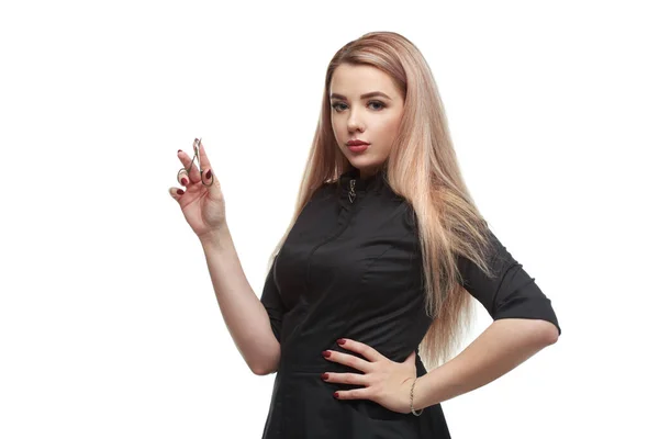 Mooi Meisje Blond Manicure Houdt Haar Handen Nagel Schaar Geïsoleerd — Stockfoto