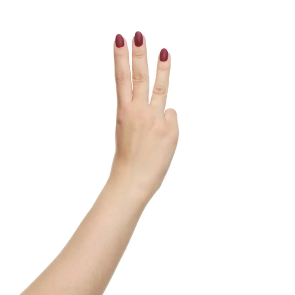 Mano Caucasica Femminile Con Una Bella Manicure Mostra Tre Dita — Foto Stock