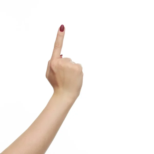 Female Caucasian Hand Shows Forefinger Isolated White Background — Stock Photo, Image