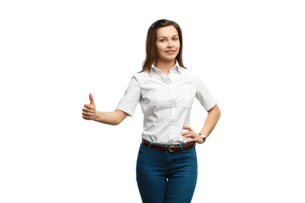 Uma Menina Roupas Casuais Fica Com Uma Mão Cinto Outra — Fotografia de Stock