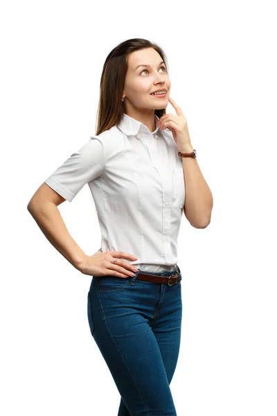 Portrét Mladé Podnikatelky Myšlenkách Drží Prst Rtech Izolovaných Bílém Pozadí — Stock fotografie