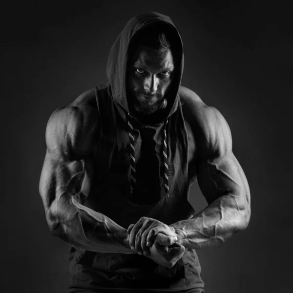 Black White Portrait Mysterious Dangerous Muscular White Man Hood Dark — Stock Photo, Image