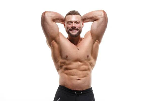 Jonge Atletische Man Met Een Naakte Romp Geïsoleerd Een Witte — Stockfoto