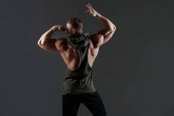 Athletic White Man Shows Muscles View Back Dark Background — Stock Photo, Image