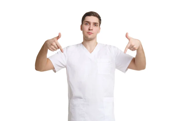 Young Medical Professional Overalls Points Fingers Isolated White Background — Stock Photo, Image