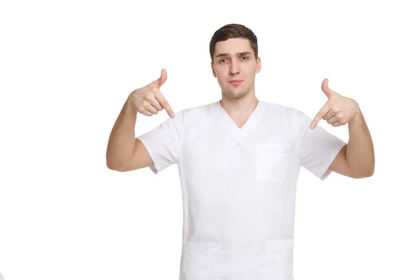 Young Medical Professional Overalls Points Fingers Isolated White Background — Stock Photo, Image