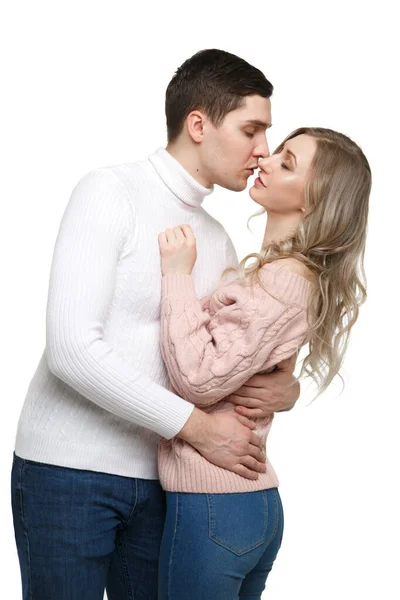 Loving Guy Girl Standing Embrace Casual Clothes Kissing Isolated White — Stock Photo, Image