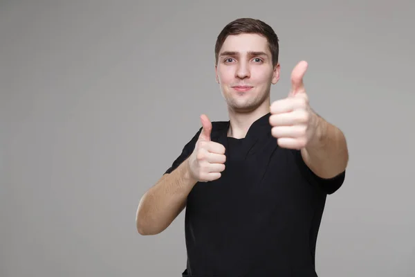 Giovane Uomo Bianco Abiti Lavoro Casual Nero Mostra Pollice Entrambe — Foto Stock