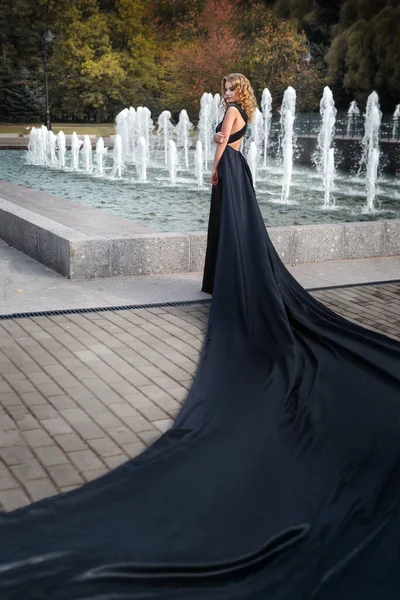 後ろから噴水の景色の近くの公園で長い列車でエレガントな夜の黒いドレスの美しい女の子 — ストック写真