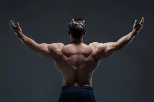 暗い灰色の背景に筋肉を示す裸の胴を持つ若い運動選手の肖像画 背中からの眺め — ストック写真