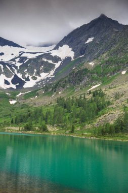 Arka planda dağ zirveleri olan temiz bir dağ gölünün kıyısında, Altai.