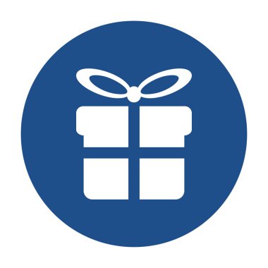 Mavi yuvarlak hediye kutusu, bağlı papyon simgesi, beyaz arka planda izole edilmiş düğme. Vektör illüstrasyonu.