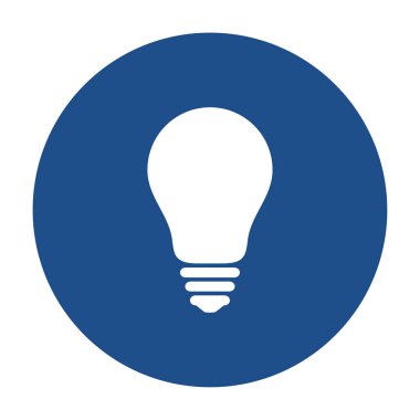 Mavi yuvarlak ampul simgesi, beyaz arkaplanda izole edilmiş düğme. Vektör illüstrasyonu.