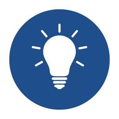 Mavi yuvarlak parlak ampul simgesi, beyaz arkaplanda izole edilmiş düğme. Vektör illüstrasyonu.