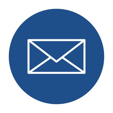 Mavi yuvarlak zarf dış hat simgesi, beyaz arkaplanda izole edilmiş düğme. Vektör illüstrasyonu.