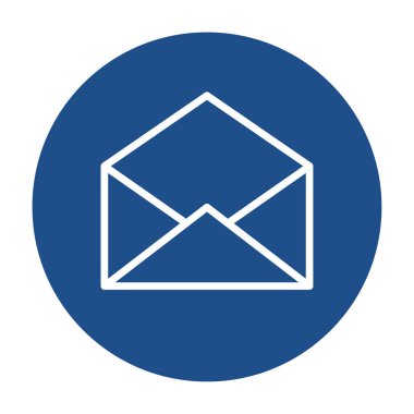 Mavi yuvarlak açık zarf ana hatları simgesi, beyaz arkaplanda izole edilmiş düğme. Vektör illüstrasyonu.