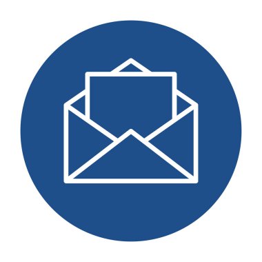 Mavi yuvarlak, beyaz arkaplanda izole edilmiş harf taslak simgesi içeren bir zarf. Vektör illüstrasyonu.