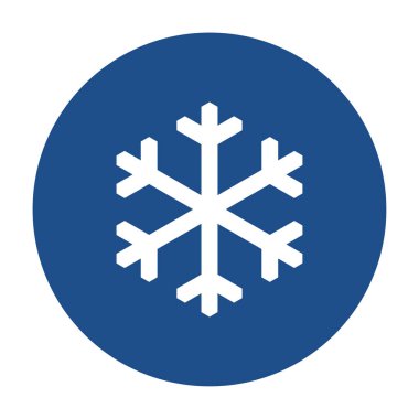 Mavi yuvarlak kar tanesi simgesi, beyaz arkaplanda izole edilmiş düğme. Vektör illüstrasyonu.