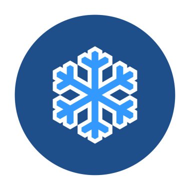 Mavi yuvarlak kar tanesi simgesi, beyaz arkaplanda izole edilmiş düğme. Vektör illüstrasyonu.