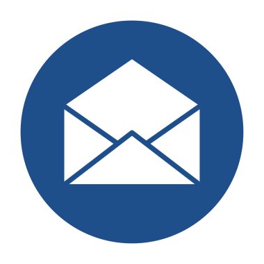 Mavi yuvarlak açık zarf simgesi, beyaz arkaplanda izole edilmiş düğme. Vektör illüstrasyonu.