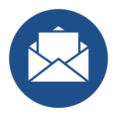 Üzerinde harf simgesi olan mavi yuvarlak bir zarf, beyaz arkaplanda izole edilmiş bir düğme. Vektör illüstrasyonu.