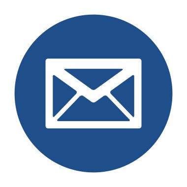 Mavi yuvarlak zarf simgesi, beyaz arkaplanda izole edilmiş düğme. Vektör illüstrasyonu.